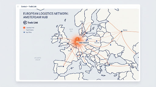 Diagrammatic map of Europe showing Amsterdam as a central logistics hub with routing lines.