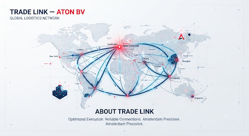 Abstract diagram of global trade routes: geometric lines and connection nodes on a pale background.